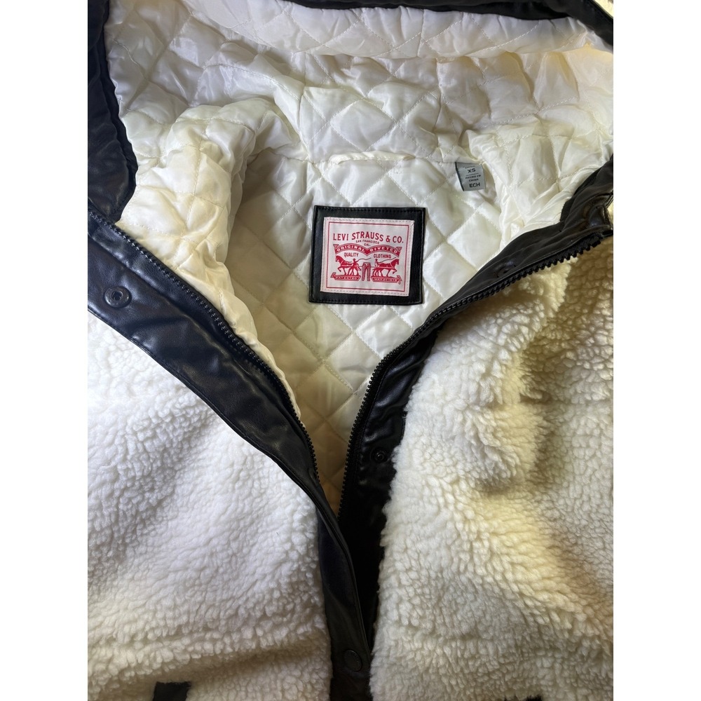 Levi's Sherpa Hooded Long Coat Women XS Cream Faux Leather Trim LW2RS136 - Picture 9 of 14